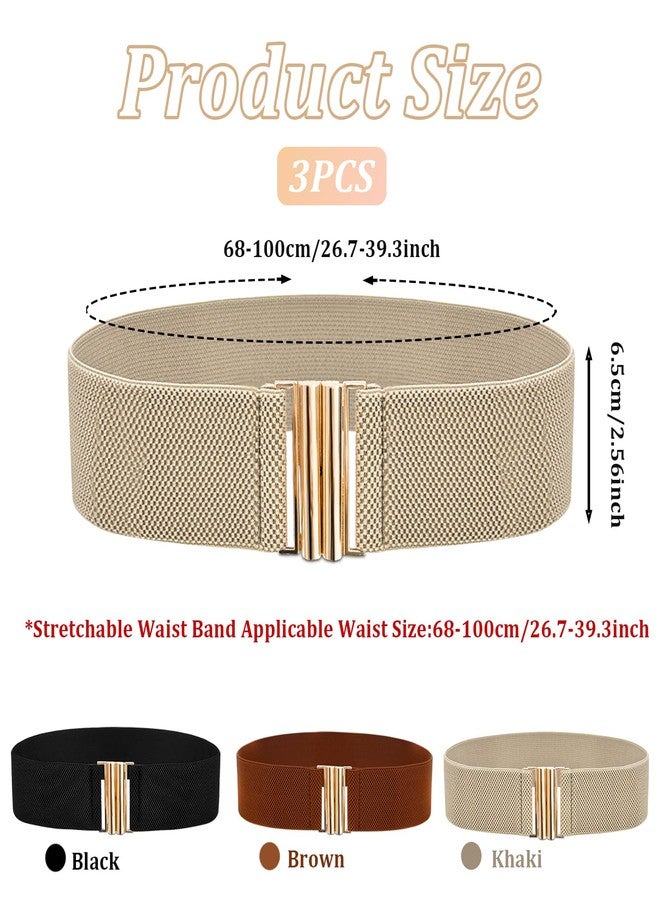 OWMOSYX 3 PCS Wide Stretchy Belt for Women Vintage Elastic Belts for Dresses Stretch Waist Belt with Golden Buckle Black Khaki Brown - Image 2